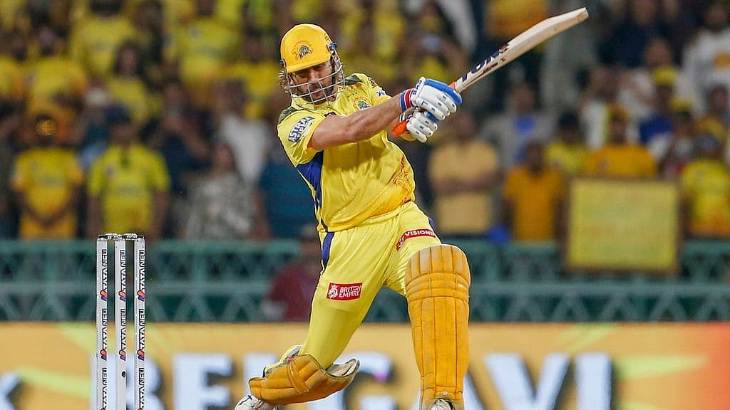 Chennai Super Kings' MS Dhoni hits a boundary during their Indian Premier League 2024 match against Lucknow Super Giants in Lucknow on April 19. - AP